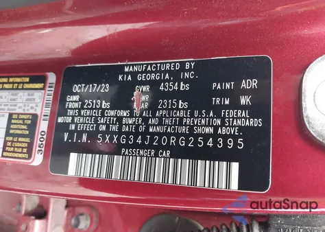 2024 Kia K5 Ex из США, поврежденный, VIN 5XXG34J20RG254395